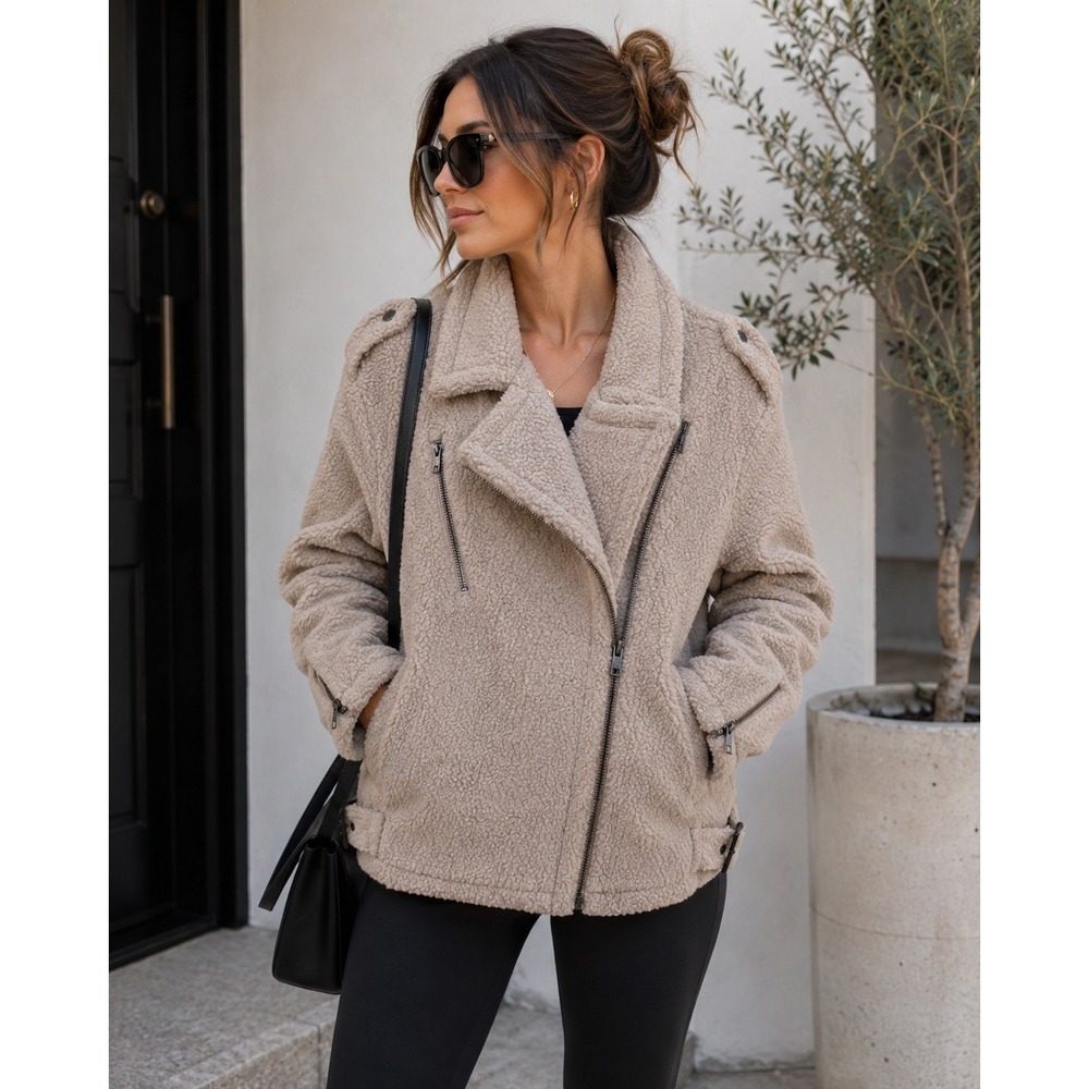 ASTR the Label Teddy Fleece Sherpa Moto Jacket Taupe Beige Size M